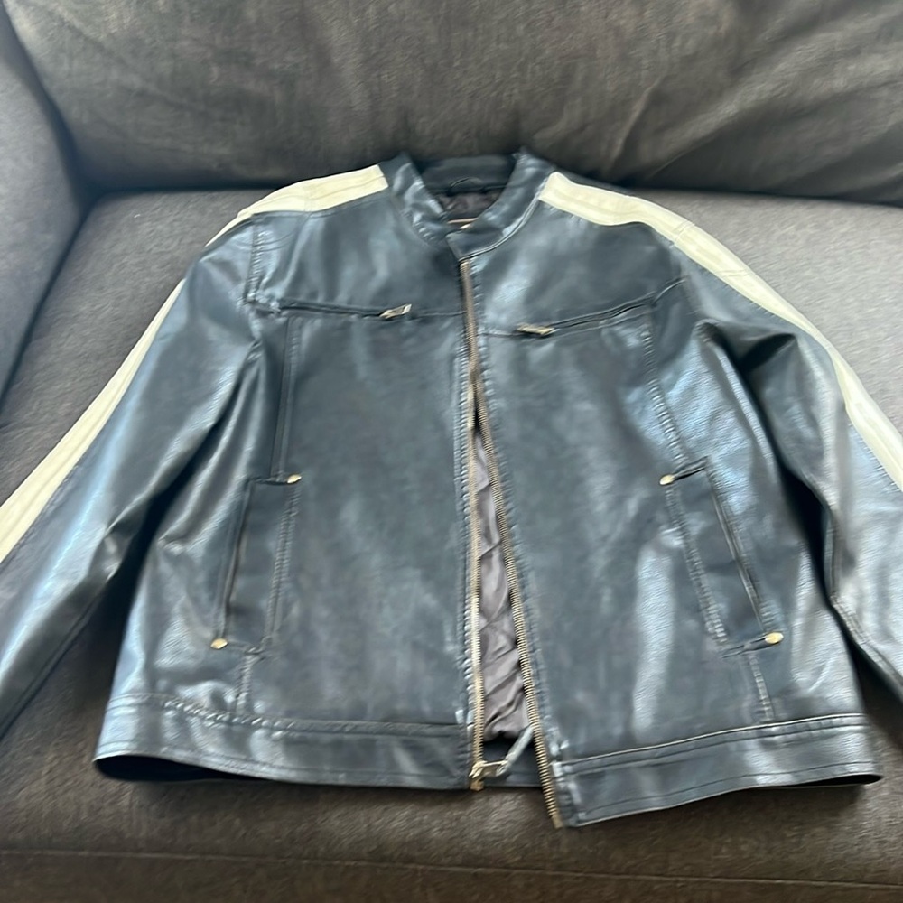 Leather look jacket 
Black with off white stripe down each side of sleeve